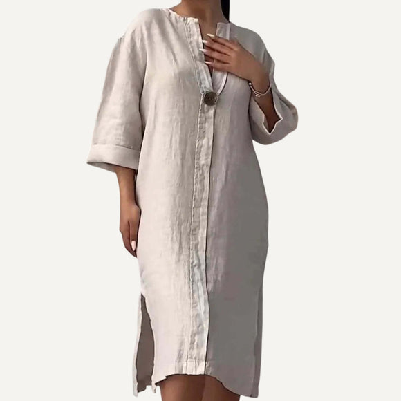 Vestido Elegante con Botones Mujer Verano Algodon Lino Casual Simple
