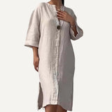 Vestido Elegante con Botones Mujer Verano Algodon Lino Casual Simple