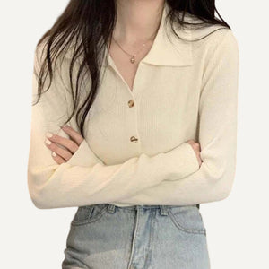 Camisa Tejida Abrigada Otoño Invierno Manga Larga Cardigan Cuello V Neck Chic