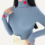 Suéter para mujer, jerséis acanalados, cuello alto con bordado de corazón, suéteres básicos