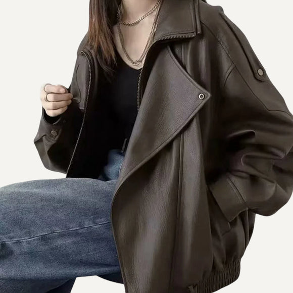 Chaqueta Cuero Sintetico Mujer Casual Urbana Marron Otoño Invierno