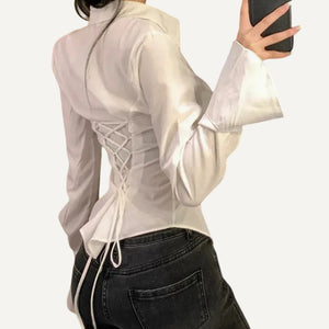 Camisa Blusa Corset Elegante Mujer Formal Casual Blanco Negro Manga Larga con Puños