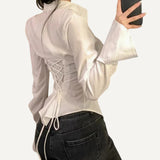 Camisa Blusa Corset Elegante Mujer Formal Casual Blanco Negro Manga Larga con Puños