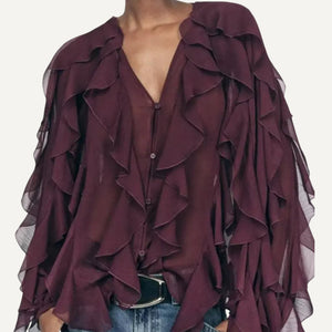 Blusa con Volados Semi Transparente Elegante Mujer Dama Varios Colores