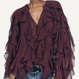 Blusa con Volados Semi Transparente Elegante Mujer Dama Varios Colores