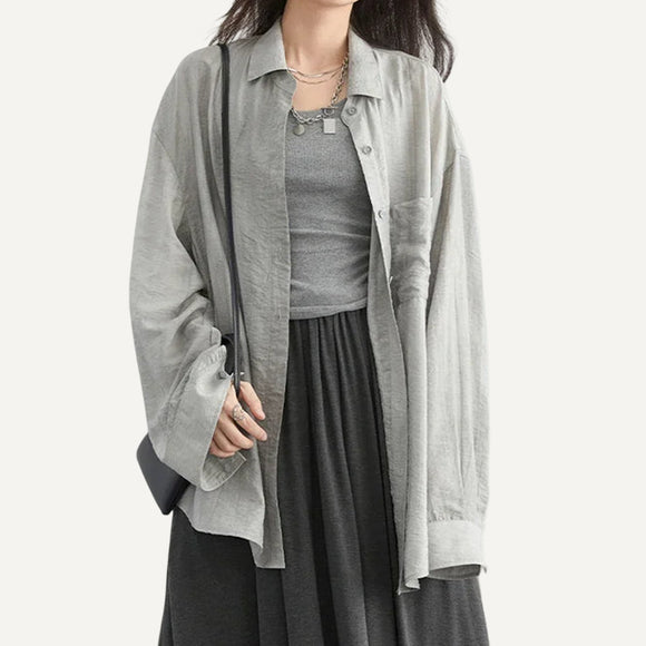 Camisa Larga Estilo Saco Abrigada Casual Mujer Dama Primavera Otoño Gris Celeste