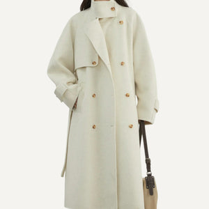 Saco Tapado Gabardina Abrigo Otoño Invierno Elegante Formal Urbano Mujer Dama Gris Crema