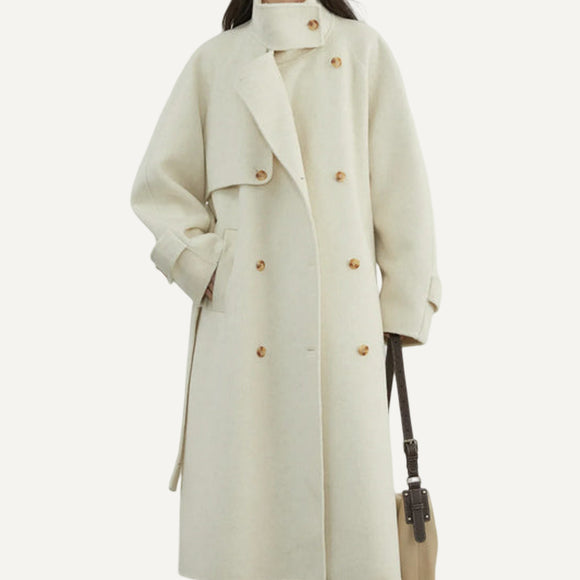 Saco Tapado Gabardina Abrigo Otoño Invierno Elegante Formal Urbano Mujer Dama Gris Crema