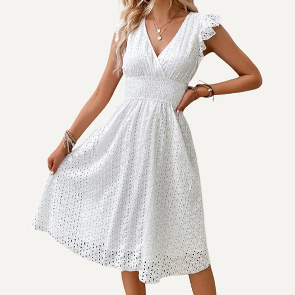 Vestido de Encaje Cuello V Mujer Dama Primavera Verano Fresco Playa Casual Formal