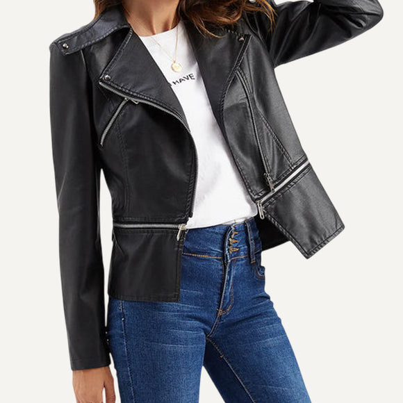 Chaqueta Cuero Abrigo Mujer Urbano Moderno Cierres Desmontable