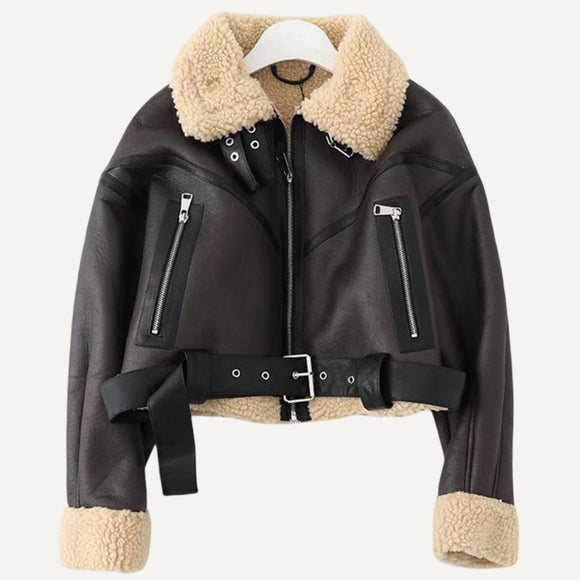 Abrigo Chaqueta chamarra corta con piel de cordero de imitación. Casaca con cinturón para mujer