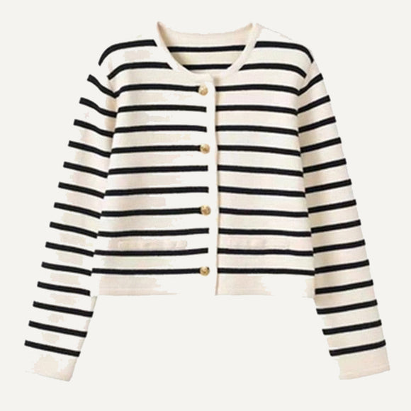 Cárdigan saco a rayas con cuello redondo. Suéteres para mujer.