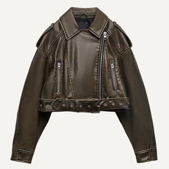 Chaqueta campera chamarra casaca corta de piel sintética holgada para mujer con cinturón