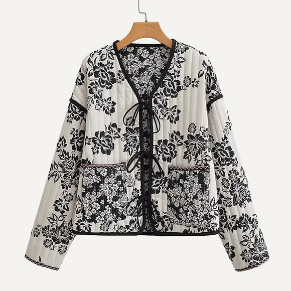 Chaqueta chamarra casaca de algodón con cordones y estampado Floral doble para mujer