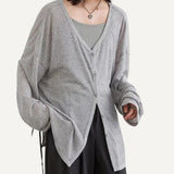 Cardigan Mujer Holgado Gris Tejido Abrigo Manga Larga Otoño Invierno
