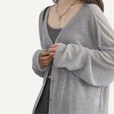 Cardigan Mujer Holgado Gris Tejido Abrigo Manga Larga Otoño Invierno