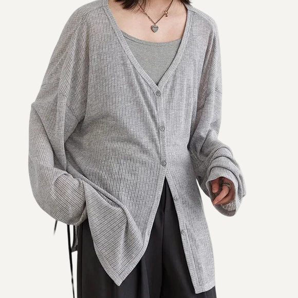 Cardigan Mujer Holgado Gris Tejido Abrigo Manga Larga Otoño Invierno