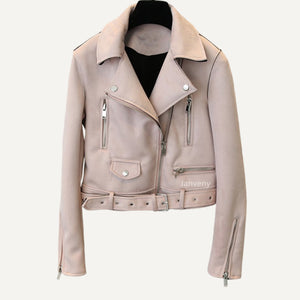 Chaqueta campera chamarra casaca de cuero de gamuza de imitación cinturón. Abrigo corto femenino