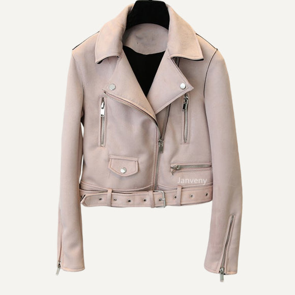 Chaqueta campera chamarra casaca de cuero de gamuza de imitación cinturón. Abrigo corto femenino