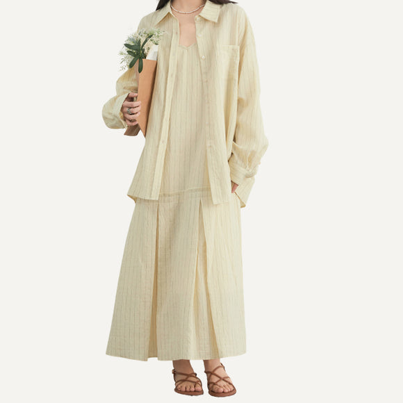 Conjunto Vestido Breteles Camisa Manga Larga Elegante Casual Mujer Primavera Verano