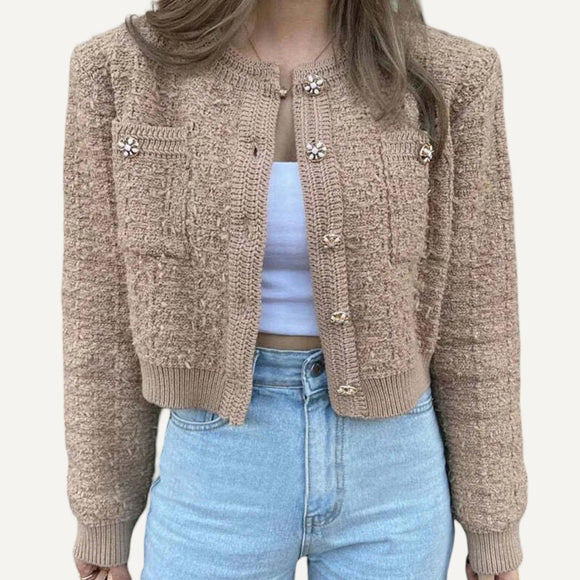 Cardigan Mujer Estilo Coreano Rosa Cuello Redondo Botones Tejido Manga Larga