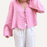 Camisa Corta Manga Larga con Cintas Primavera Verano Fresca Playa Mujer