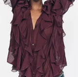 Blusa con Volados Semi Transparente Elegante Mujer Dama Varios Colores