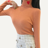 Suéter para mujer, jerséis acanalados, cuello alto con bordado de corazón, suéteres básicos
