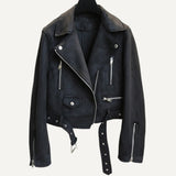 Chaqueta campera chamarra casaca de cuero de gamuza de imitación cinturón. Abrigo corto femenino