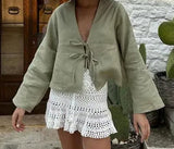 Camisa Corta Manga Larga con Cintas Primavera Verano Fresca Playa Mujer