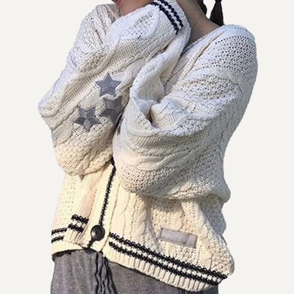 Cardigan cuello en V estrella bordado. Suéter suelto. Chaqueta para mujer