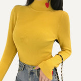 Suéter para mujer, jerséis acanalados, cuello alto con bordado de corazón, suéteres básicos
