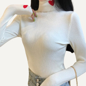 Suéter para mujer, jerséis acanalados, cuello alto con bordado de corazón, suéteres básicos