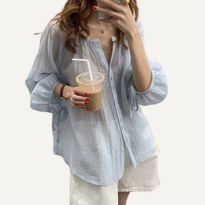 Blusa de chifón de manga larga con cuello redondo. Camisa holgada de mujer