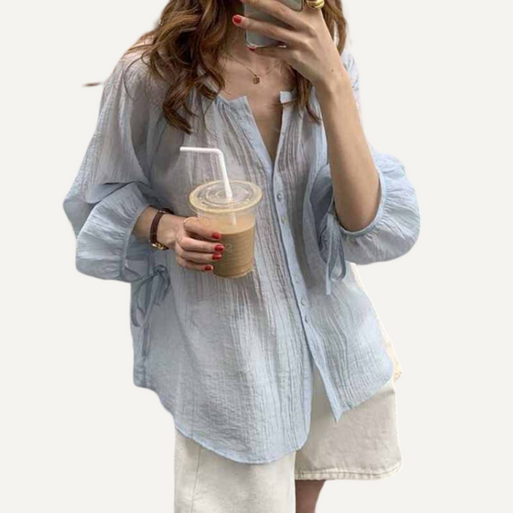 Blusa de chifón de manga larga con cuello redondo. Camisa holgada de mujer