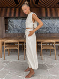 Conjuntos de lino para mujer, 2 piezas. Tops cortos. Pantalones largos sueltos con cintura elástica.