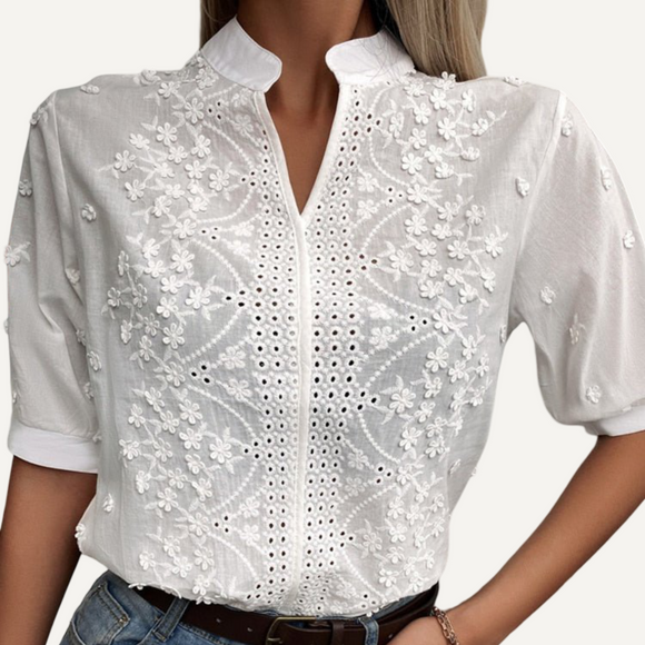 Blusa de encaje con bordado Floral para mujer. Camisa con cuello levantado y cuello en V. Tops elegantes de algodón de manga corta.