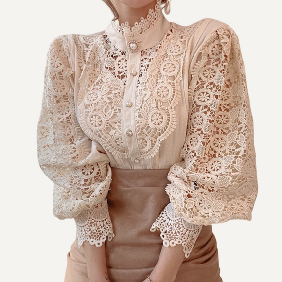 Blusa camisa cuello levantado. Camisa de encaje para mujer.