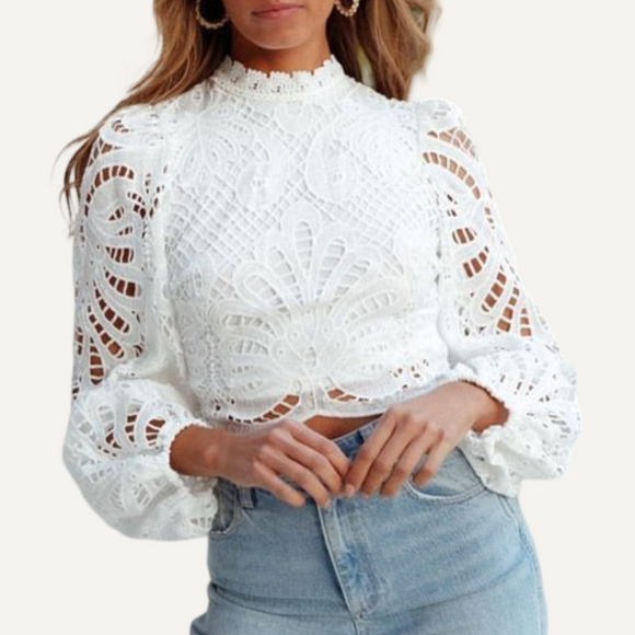 Blusa de encaje de manga larga para mujer. Tops informales de ganchillo blanco.