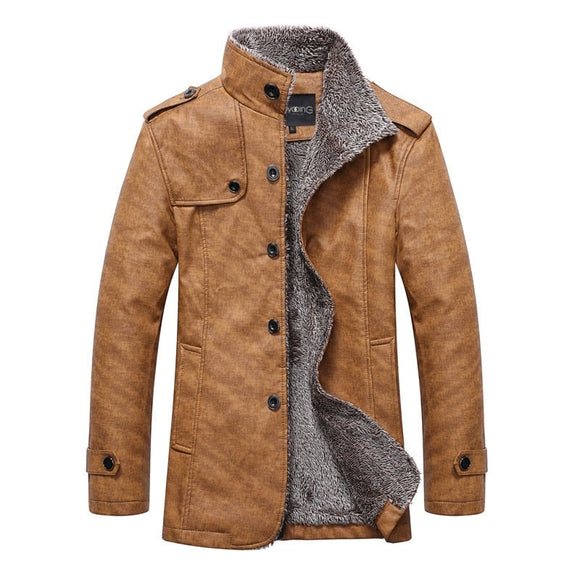 Chaqueta chamarra casaca de piel sintética para hombre. Abrigo grueso ajustado de manga larga. Campera con cuello levantado.