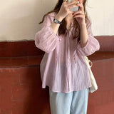 Blusa de chifón de manga larga con cuello redondo. Camisa holgada de mujer