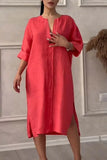 Vestido Elegante con Botones Mujer Verano Algodon Lino Casual Simple