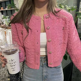 Cardigan Mujer Estilo Coreano Rosa Cuello Redondo Botones Tejido Manga Larga