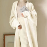 Cardigan Largo Blanco Mujer Tejido Suave Faux Cashmere Estilo Coreano Abrigado Vintage