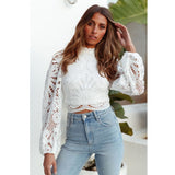 Blusa de encaje de manga larga para mujer. Tops informales de ganchillo blanco.