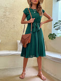Vestido elegante de cuello redondo para mujer. Vestido manga corta plisado.