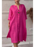 Vestido Elegante con Botones Mujer Verano Algodon Lino Casual Simple