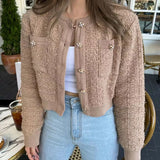Cardigan Mujer Estilo Coreano Rosa Cuello Redondo Botones Tejido Manga Larga