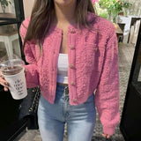 Cardigan Mujer Estilo Coreano Rosa Cuello Redondo Botones Tejido Manga Larga