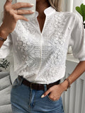 Blusa de encaje con bordado Floral para mujer. Camisa con cuello levantado y cuello en V. Tops elegantes de algodón de manga corta.